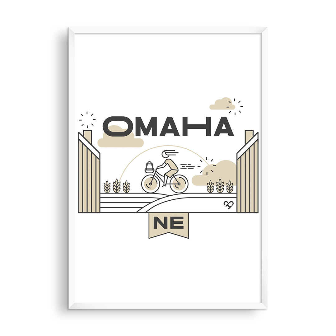 Omaha Print, line illustration of a cyclist on a bridge with OMAHA and NE banner in tan and black, framed