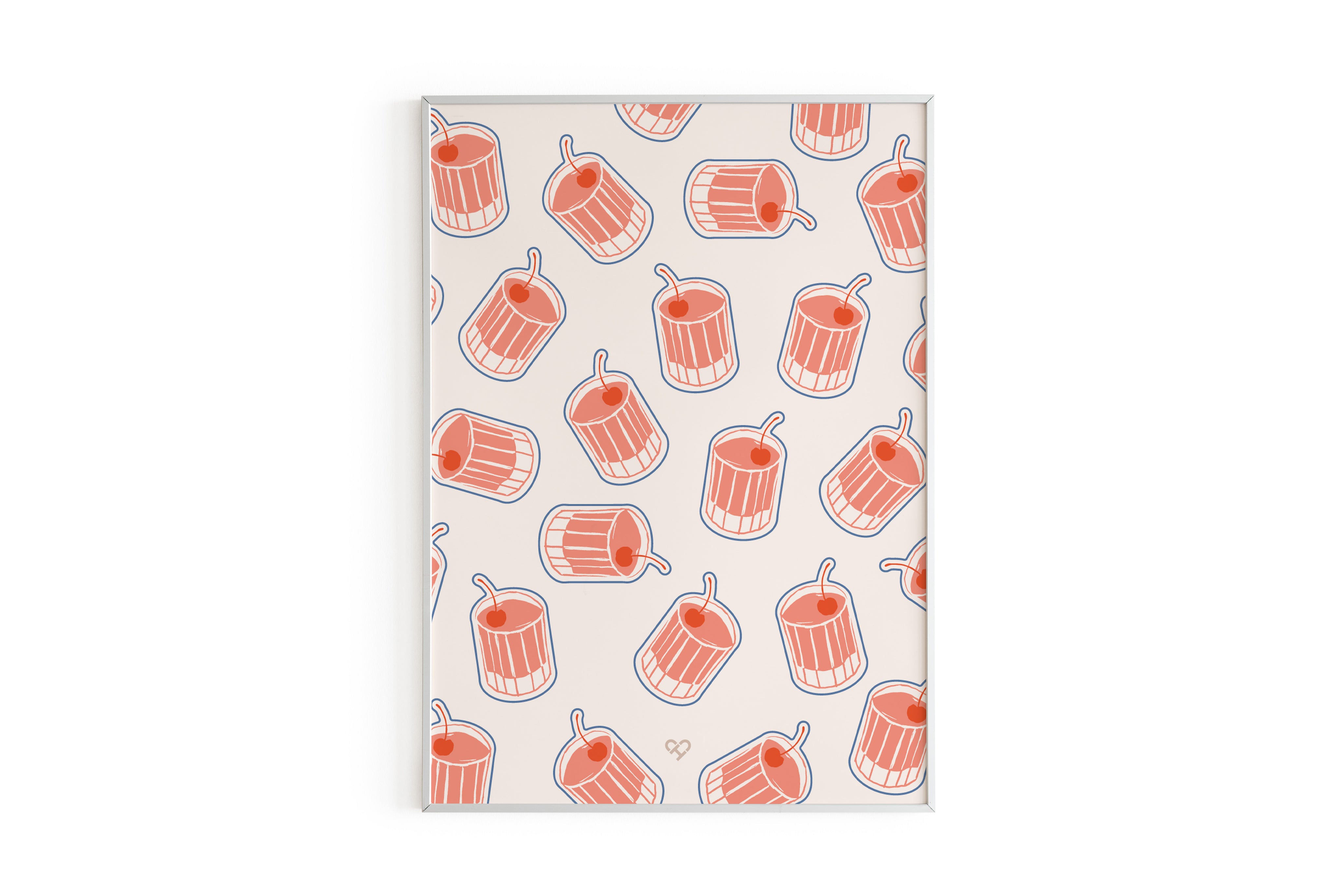 Shirley Temple Pattern Print, framed cream print with a tossed pattern of coral striped glasses with cherries