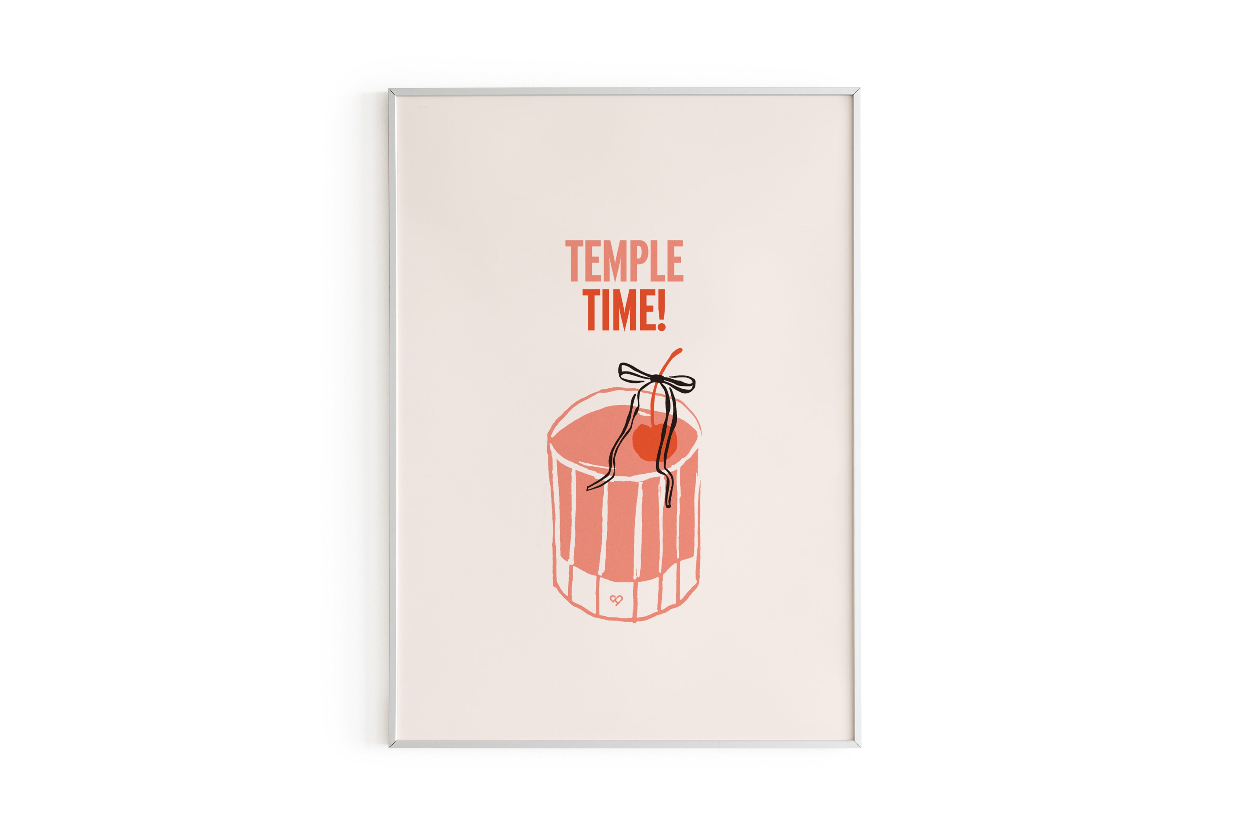 Temple Time Print, framed cream print reading Temple Time with a coral striped glass, cherry and black bow